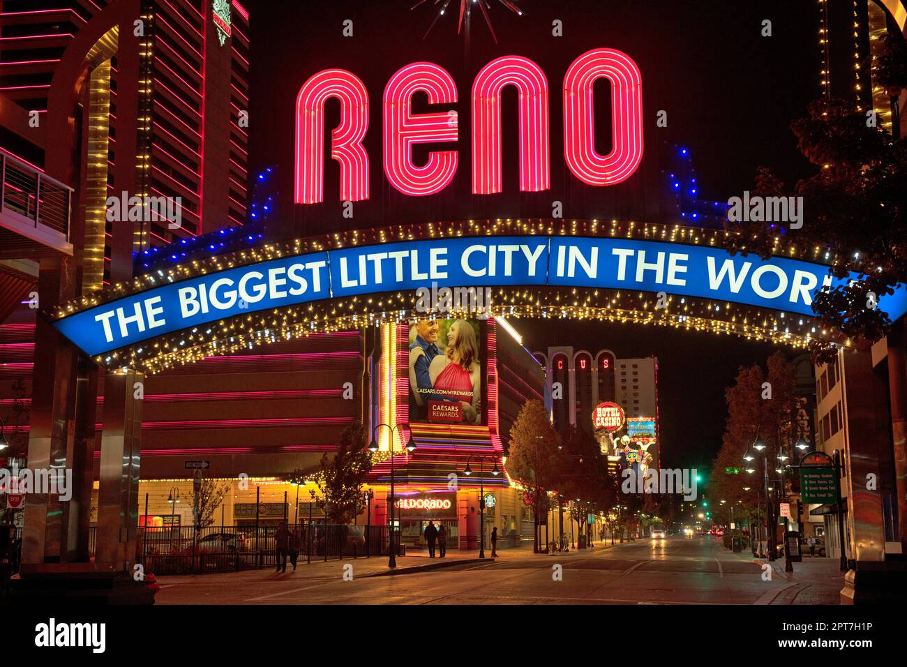 Largest small town in the world, neon sign in front of Eldorado Casino, The Row, Reno, Nevada, USA Stock Photo