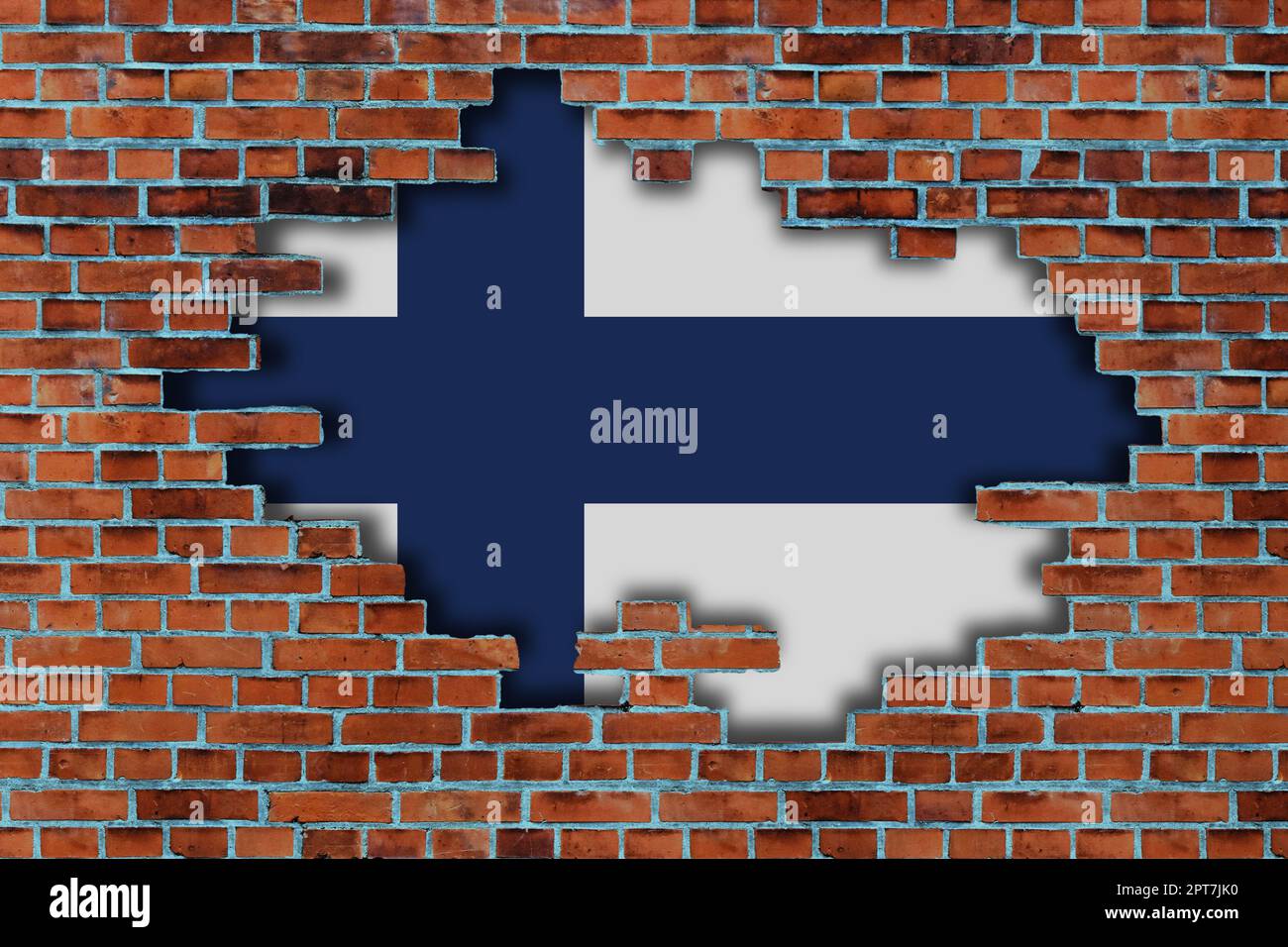 3D Flag of Finland behind the broken old stone wall background Stock ...
