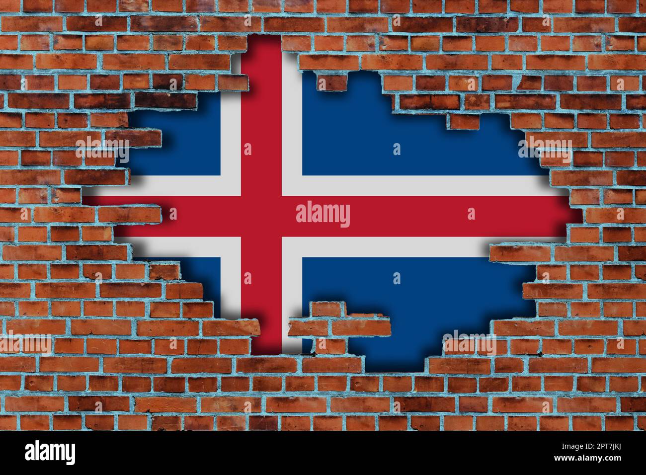3D Flag of Iceland behind the broken old stone wall background Stock ...