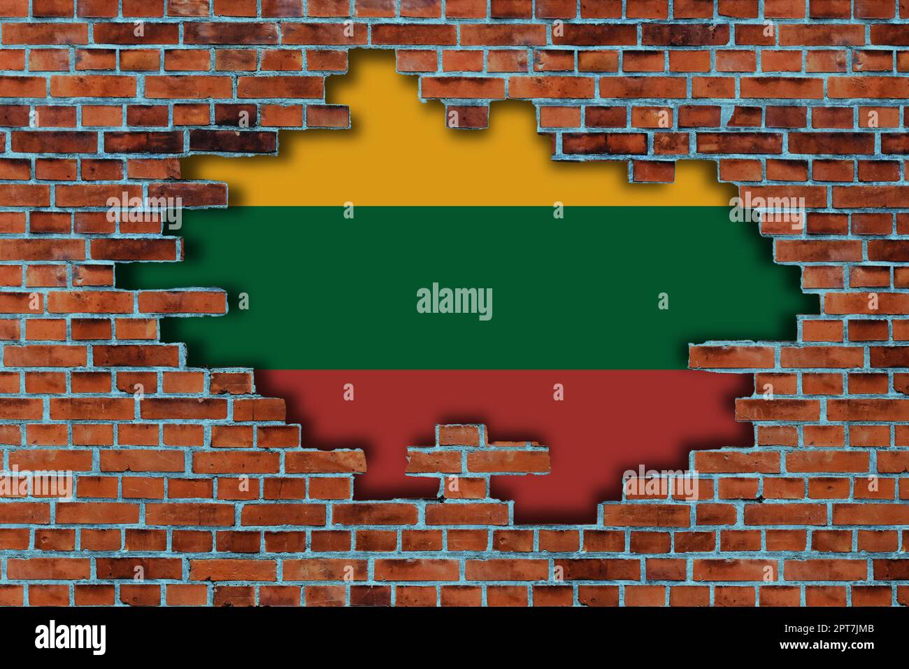 3D Flag of Lithuania behind the broken old stone wall background Stock ...