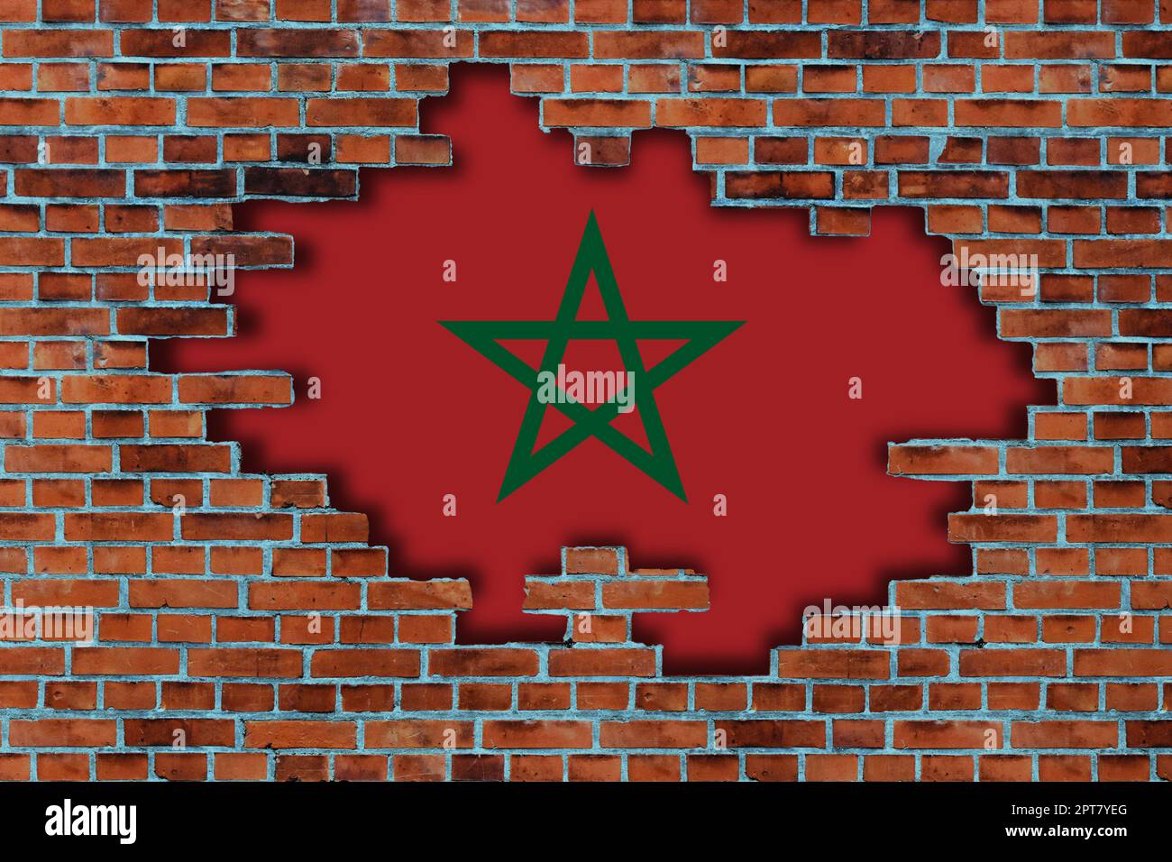 3D Flag of Morocco behind the broken old stone wall background Stock ...