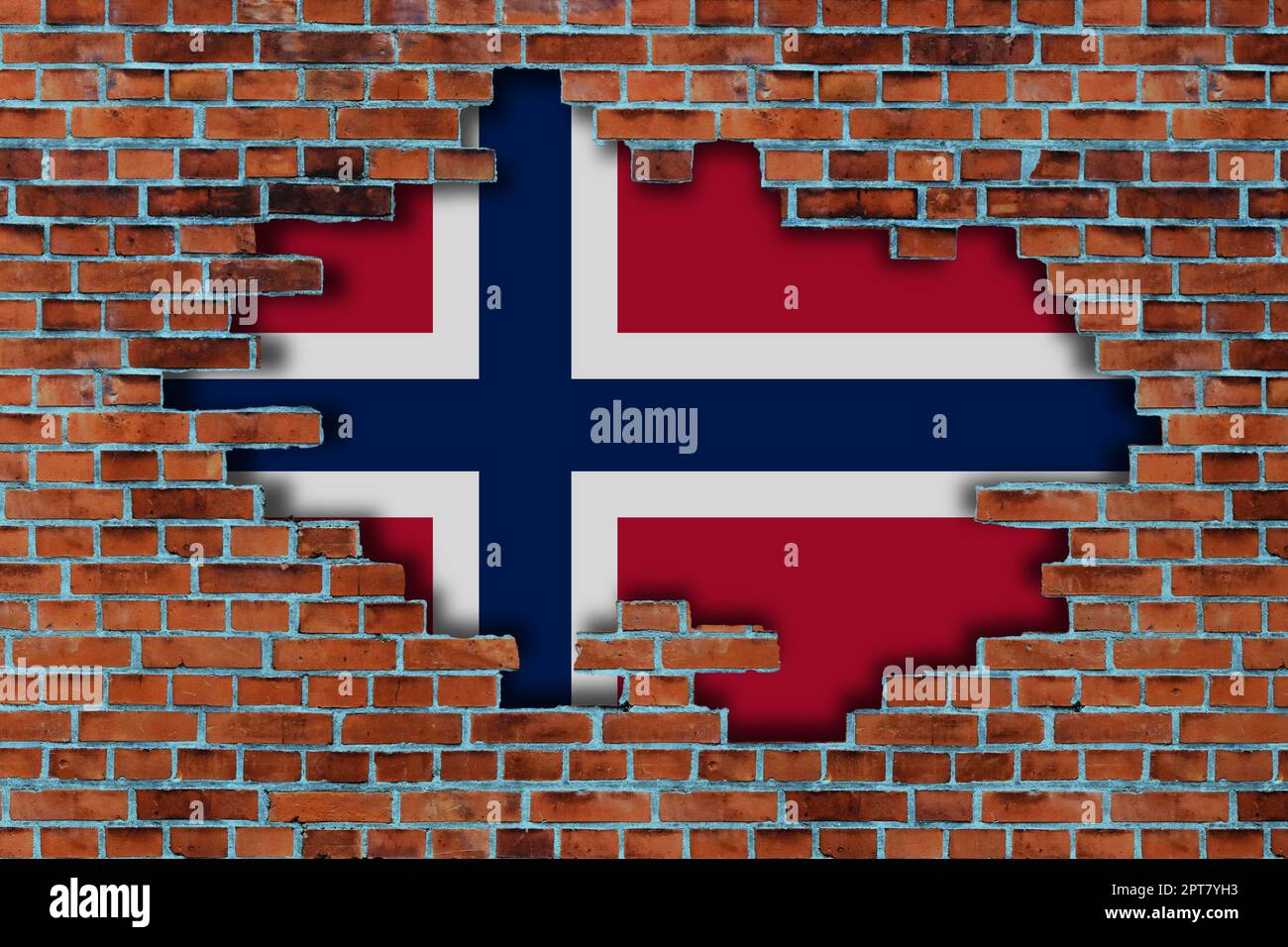 3D Flag of Norway behind the broken old stone wall background Stock ...