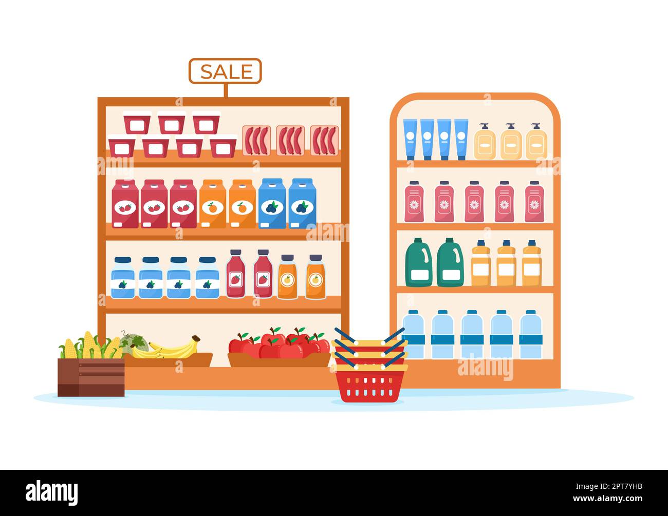 Grocery Store or Supermarket with Food Product Shelves, Racks Dairy