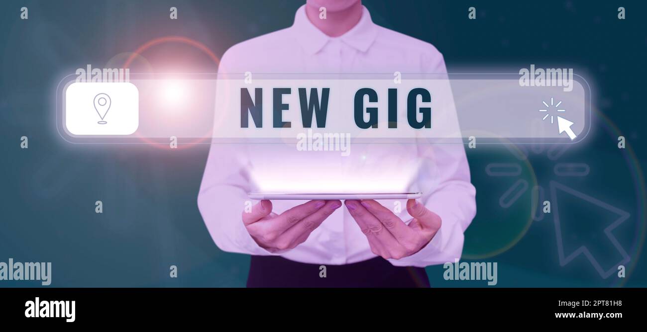 Conceptual caption New Gig, Business idea getting job Attending live