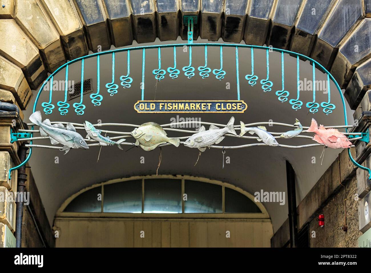 Decorated entrance to the old fish market with sign, inscription Old