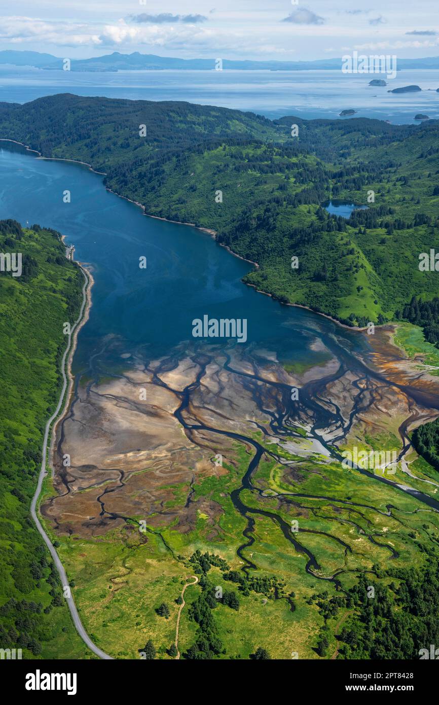 River delta on Kodiak Island with view of Shelikof Strait, Kodiak