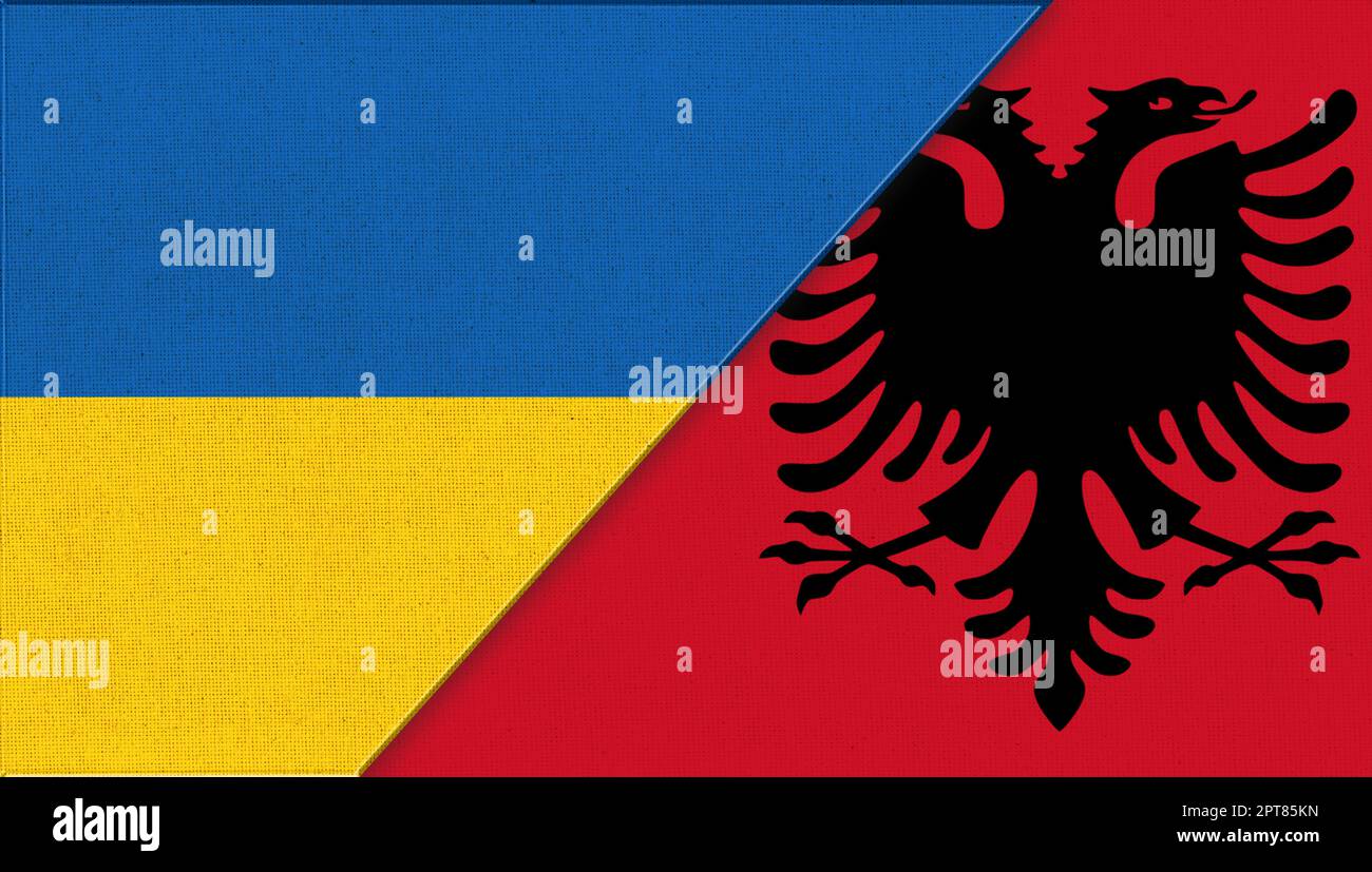 Flag of Ukraine and Albania -3D illustration. Two Flag Together-Fabric Texture. European country. National symbols of Ukraine and Albania. Balcan coun Stock Photo