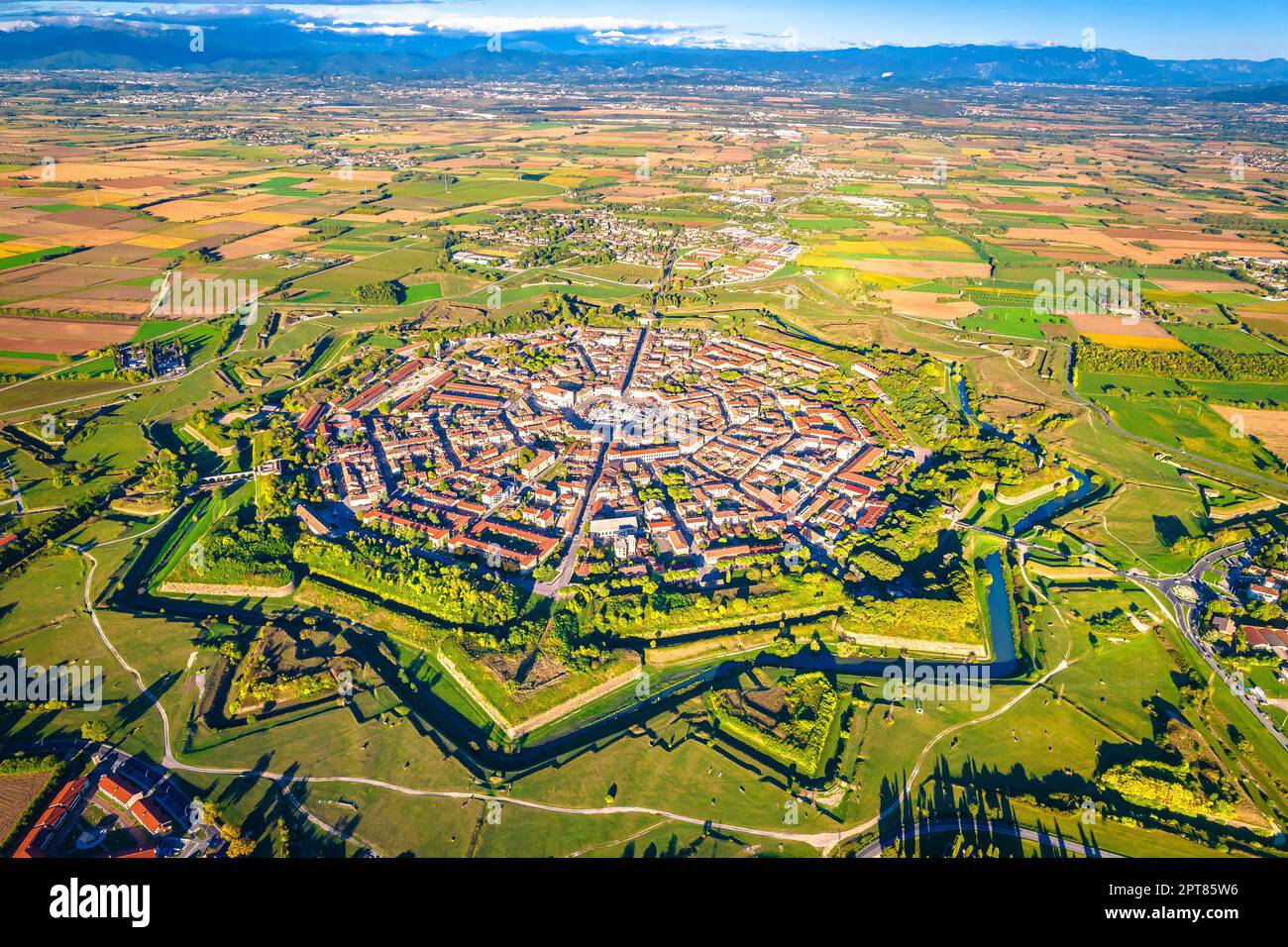 Star shape town of Palmanova defense walls and trenches aerial panoramic view, UNESCO world heritage site in Friuli Venezia Giulia region of northern Stock Photo