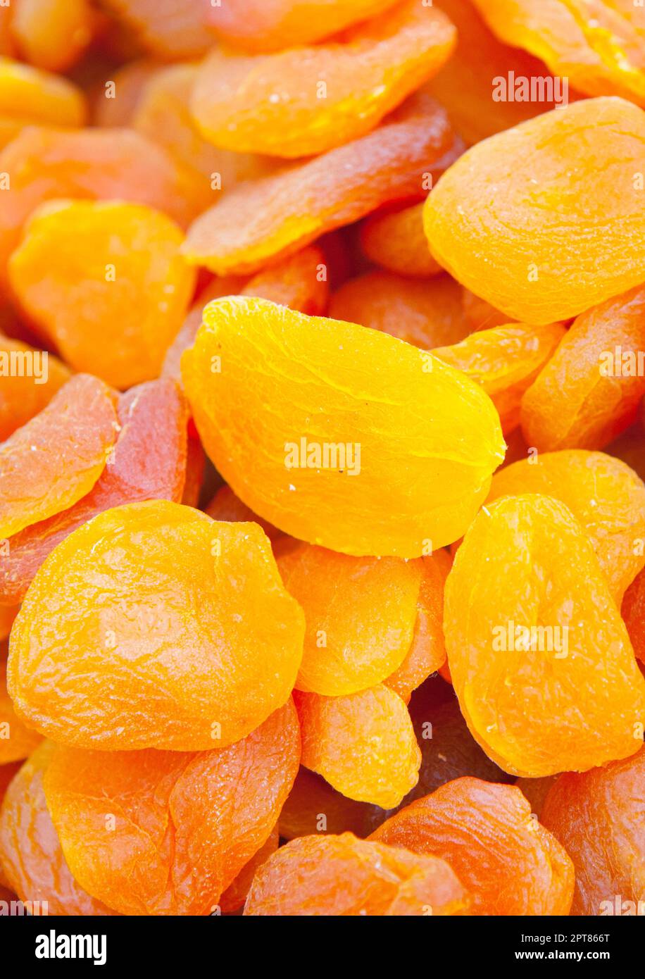 Orejones of dried apricots. Displayed at street market stall Stock