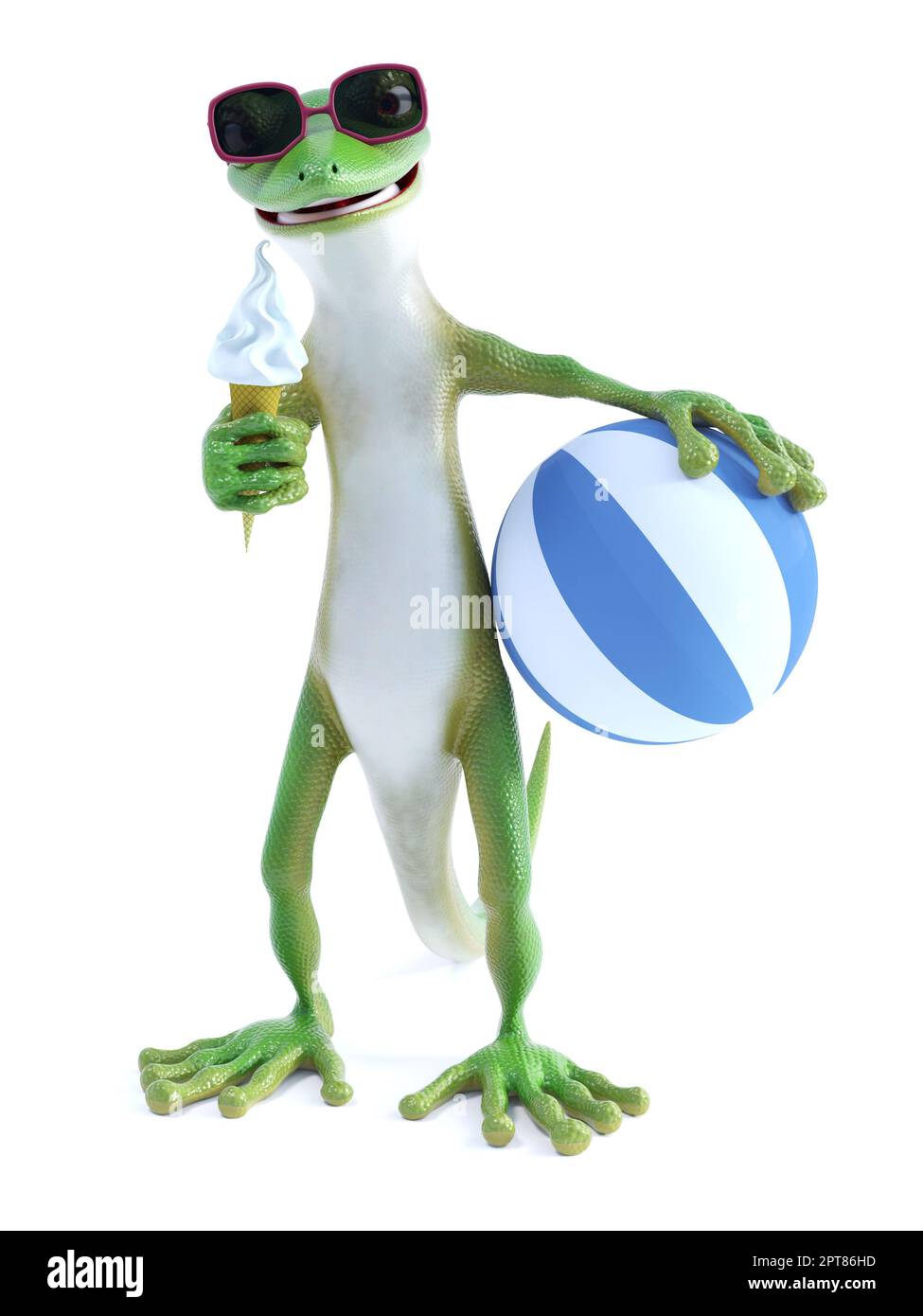 3D rendering of a cool green gecko or lizard wearing sunglasses and eating  ice cream while holding a blue striped beach ball. White background Stock  Photo - Alamy