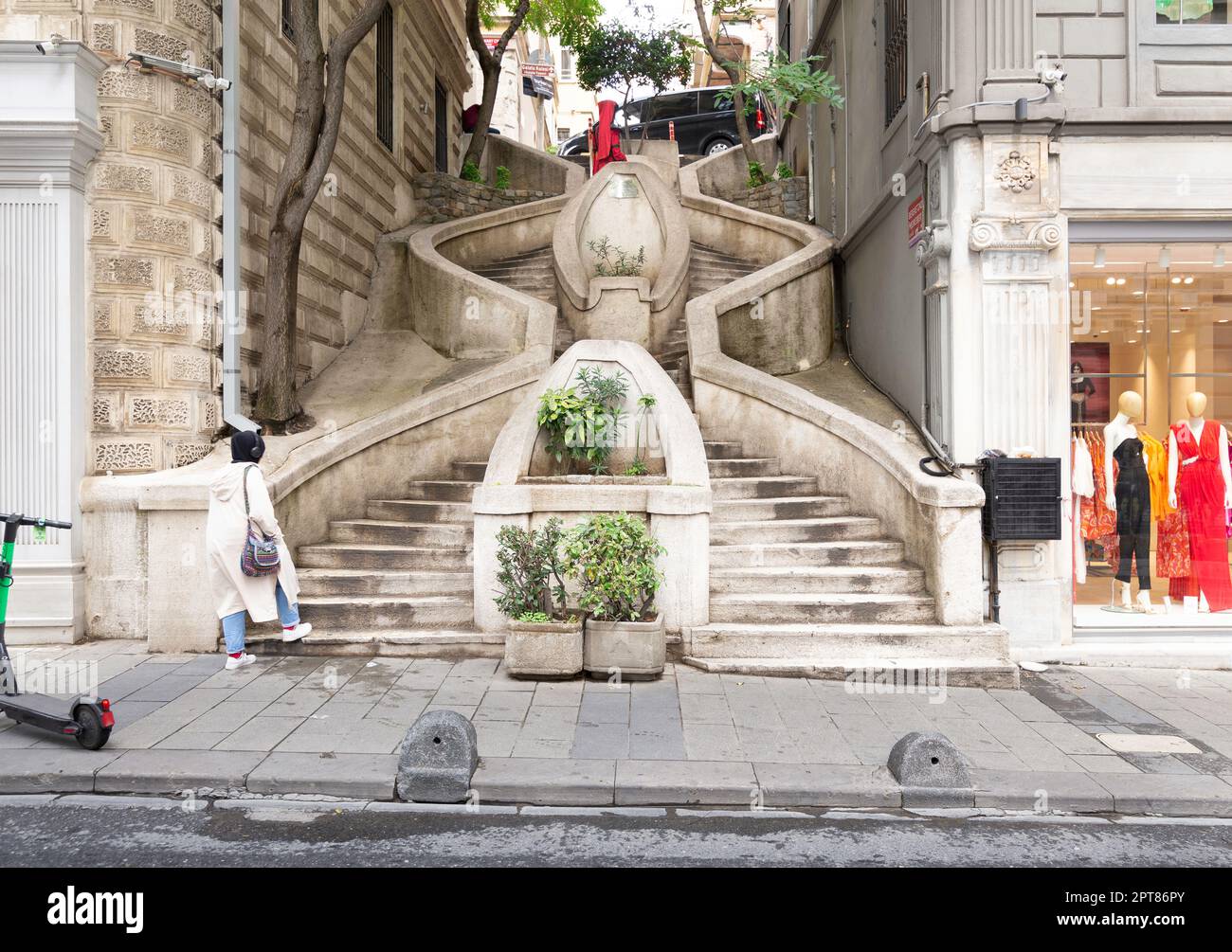 Kamondo Stairs, a famous pedestrian stairway leading to Galata Tower, built around 1870, located on Banks Street in Galata, Karakoy district of Istanb Stock Photo