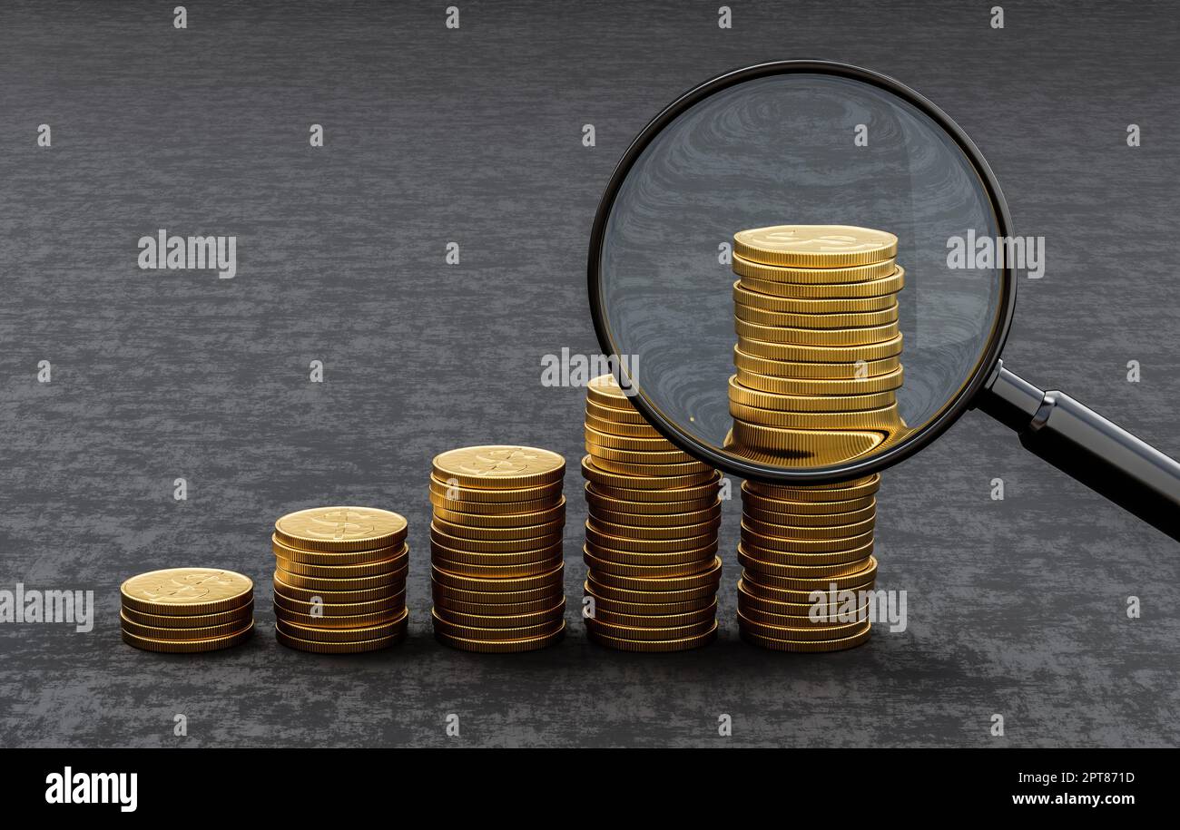 Rising Heaps of Golden Coins on Dark Background with Magnifier Glass 3D ...