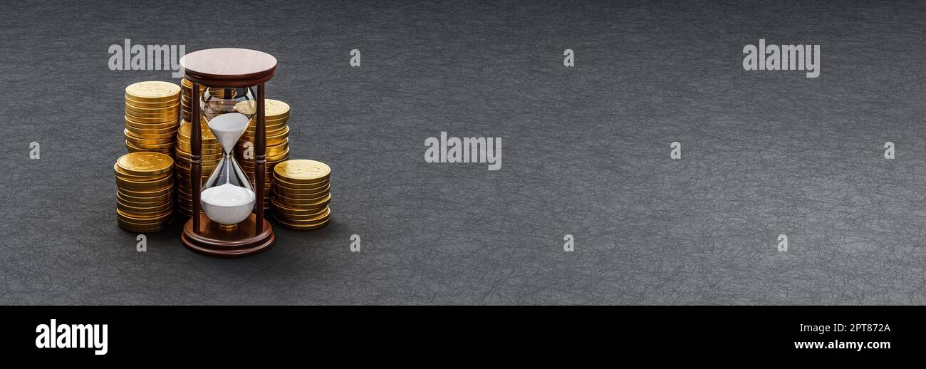 Hourglass ahead of Stacks of Golden Coins on Dark Background with Copy ...