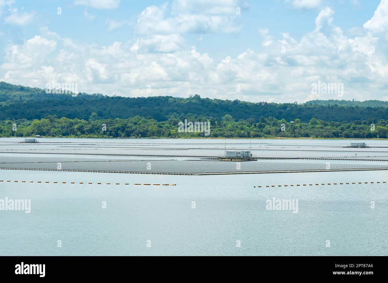 Floating solar farm or floating photovoltaics. Solar power. Landscape of solar panels floating on water in reservoir or lake. Solar technology. Altern Stock Photo