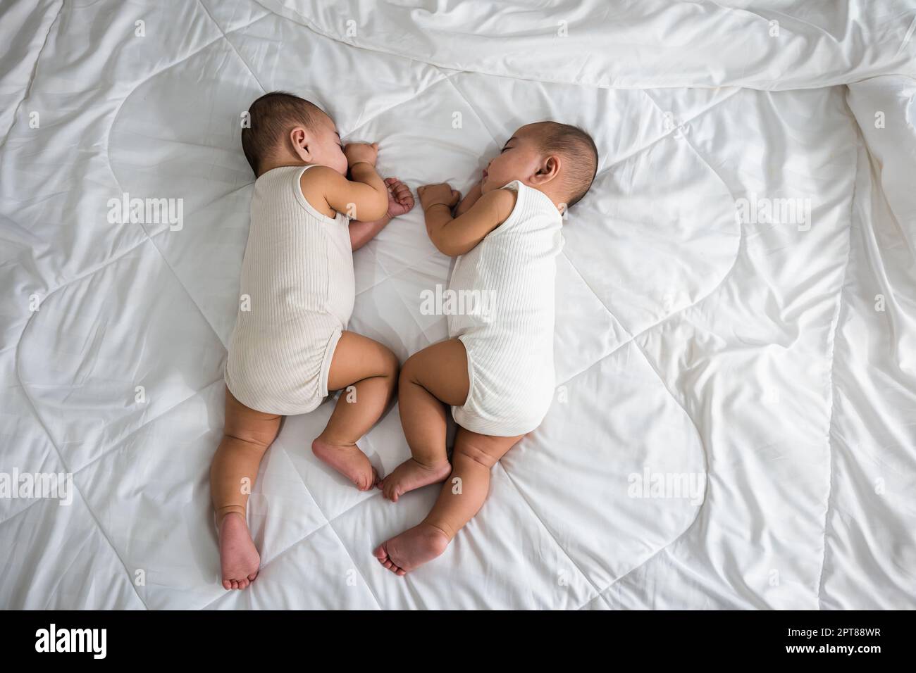 Happy childhood, Sleeping newborn identical boy twins on the bed on