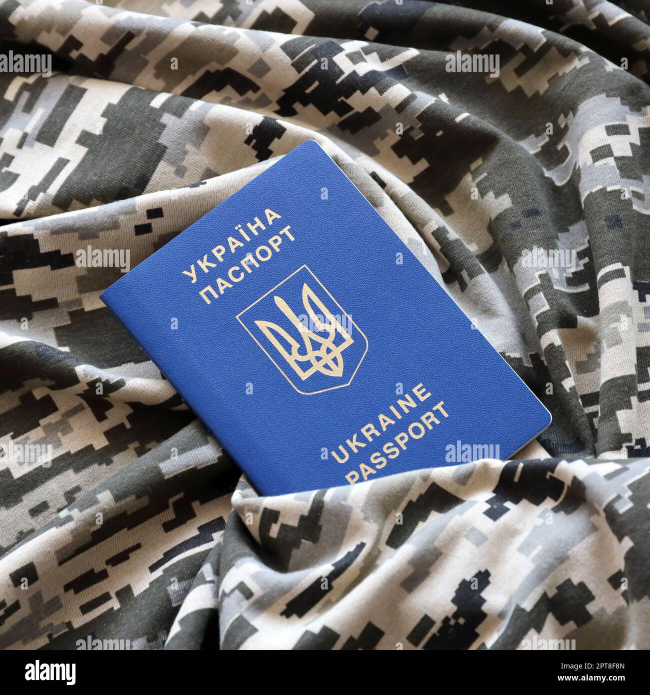 Ukrainian foreign passport on fabric with texture of military pixeled