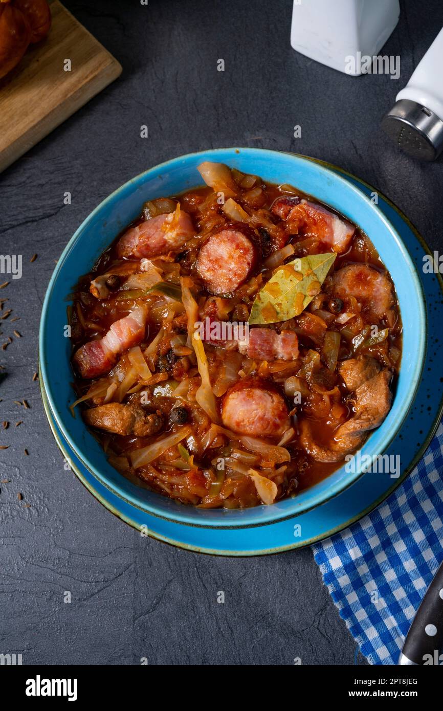 Polish bigos with sausage and mushrooms Stock Photo Alamy