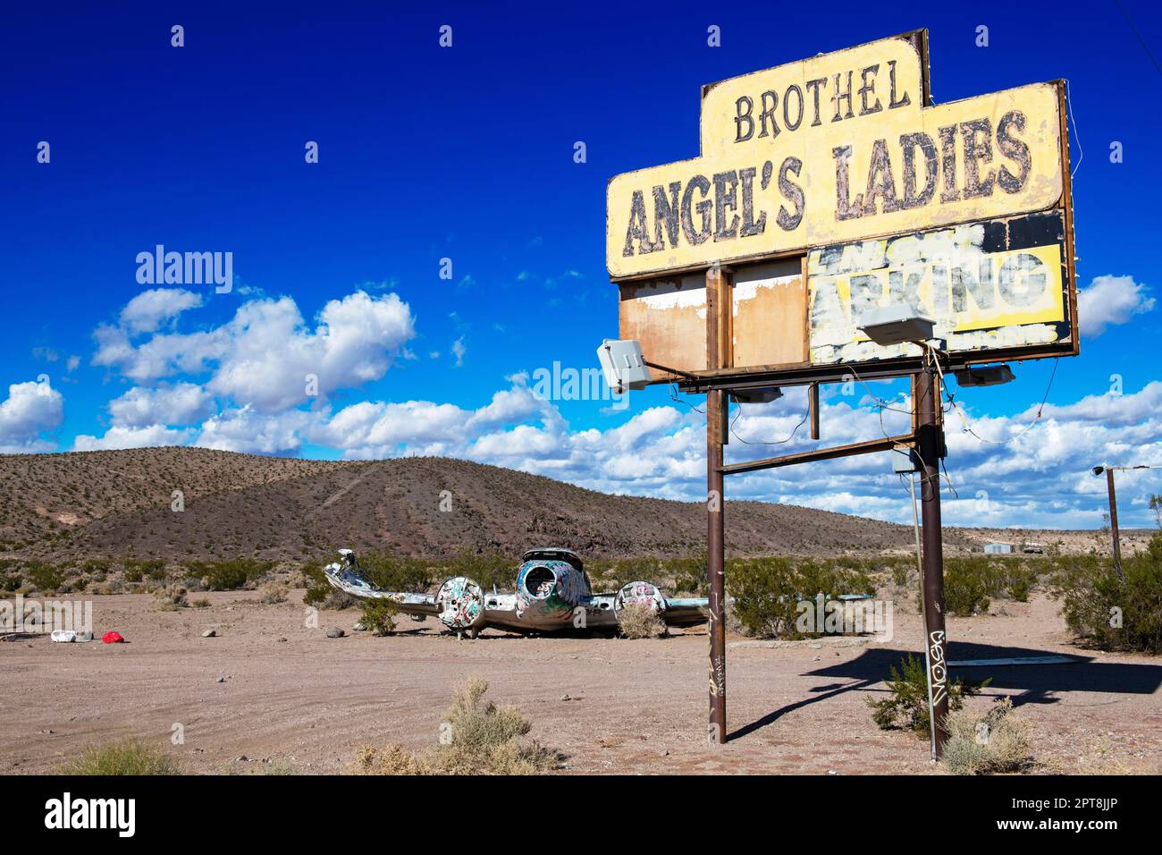 Remains of an old brothel and a crashed aircraft, Angels Ladies, Goldfield, Nevada, USA Stock
