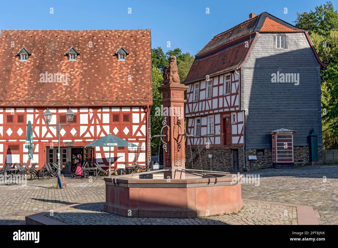 Market fountain, fruit store from Nidda with inn, inn Zum Adler, house from Idstein, historic half-timbered house, market square, Hessenpark open-air Stock Photo