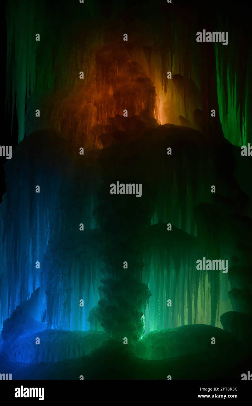 Huge ice icicles fragment of large blocks of ice frozen waterfall of