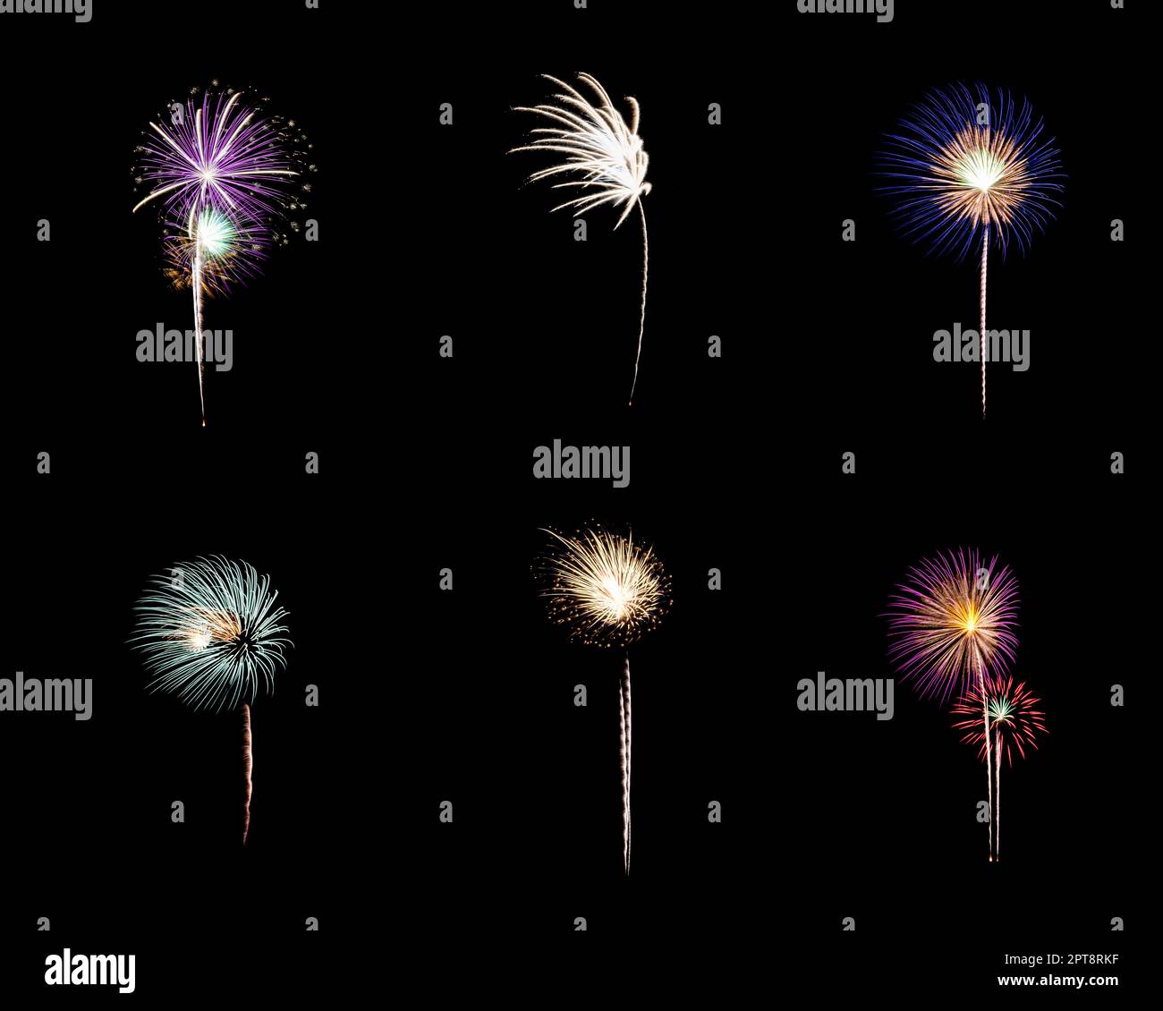 Colorful assorted six fireworks isolated on a black background. New Year celebration concept Stock Photo