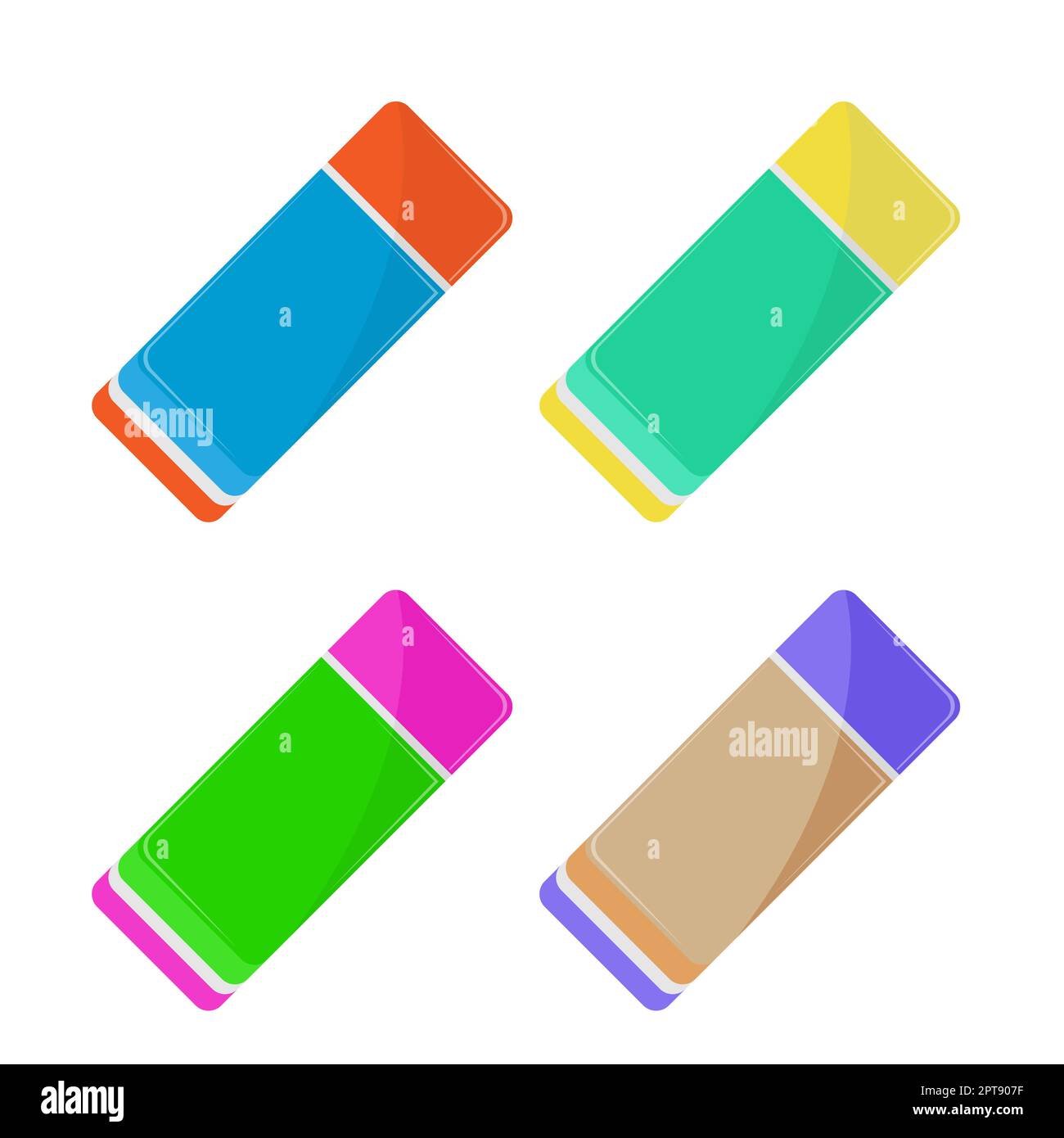 Set of Colored Eraser Icons Isolated on White Background Stock Photo