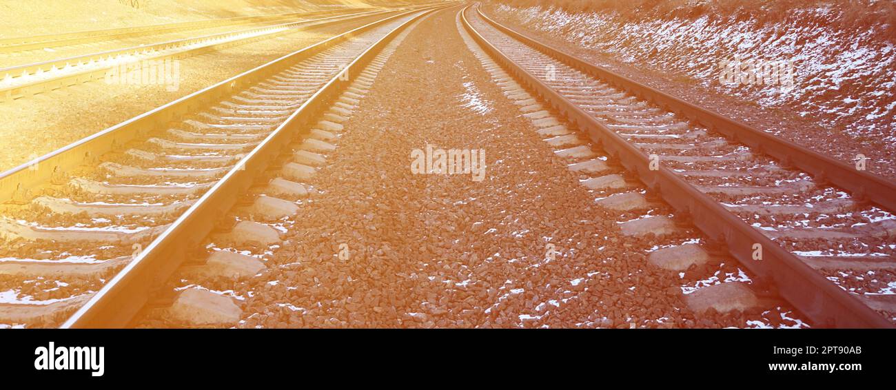 Details snowy Russian winter railway under bright sunlight. The rails ...