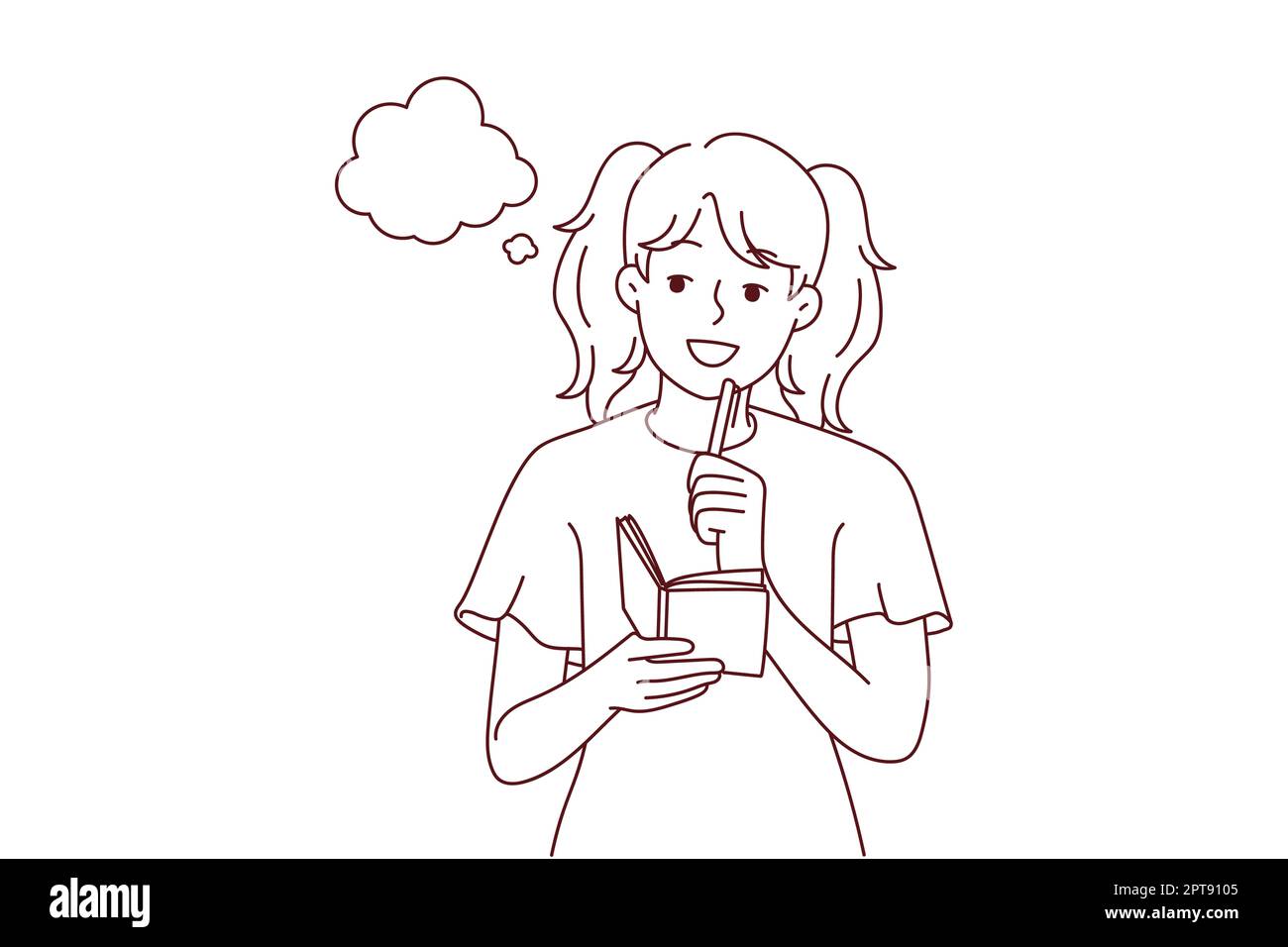 Smiling girl take notes in notebook make plans or dreams. Happy child ...