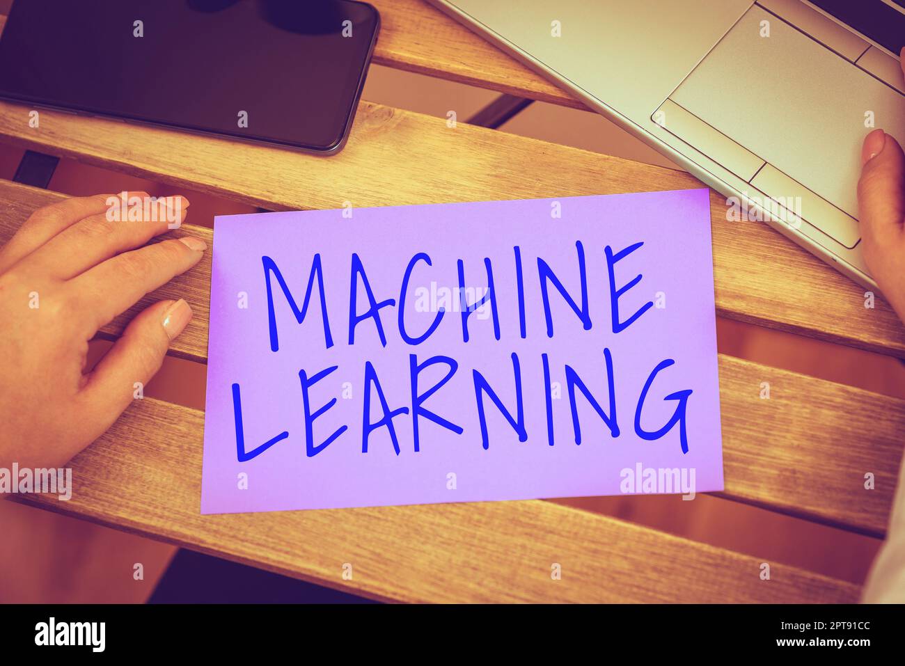 Conceptual caption Machine Learning, Word for the concept that a computer can learn new data itself Stock Photo