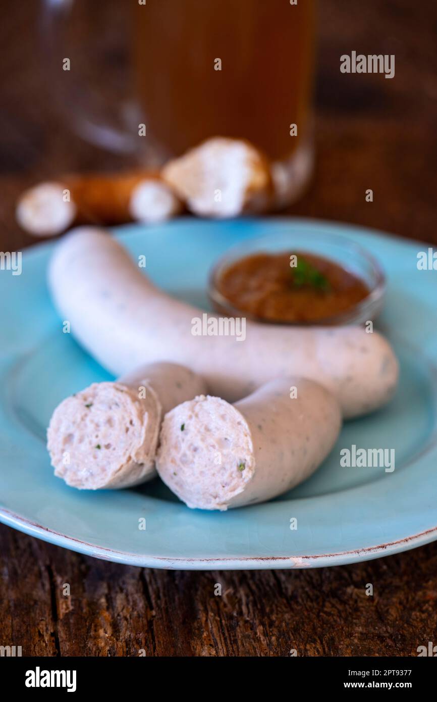 bavarian white sausage with mustard Stock Photo