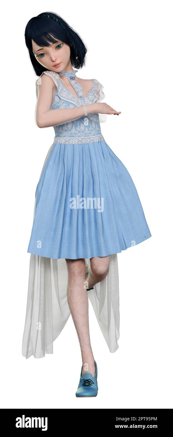 Doll Renders 3D rendering of a pretty doll in a blue vintage dress isolated on white ...