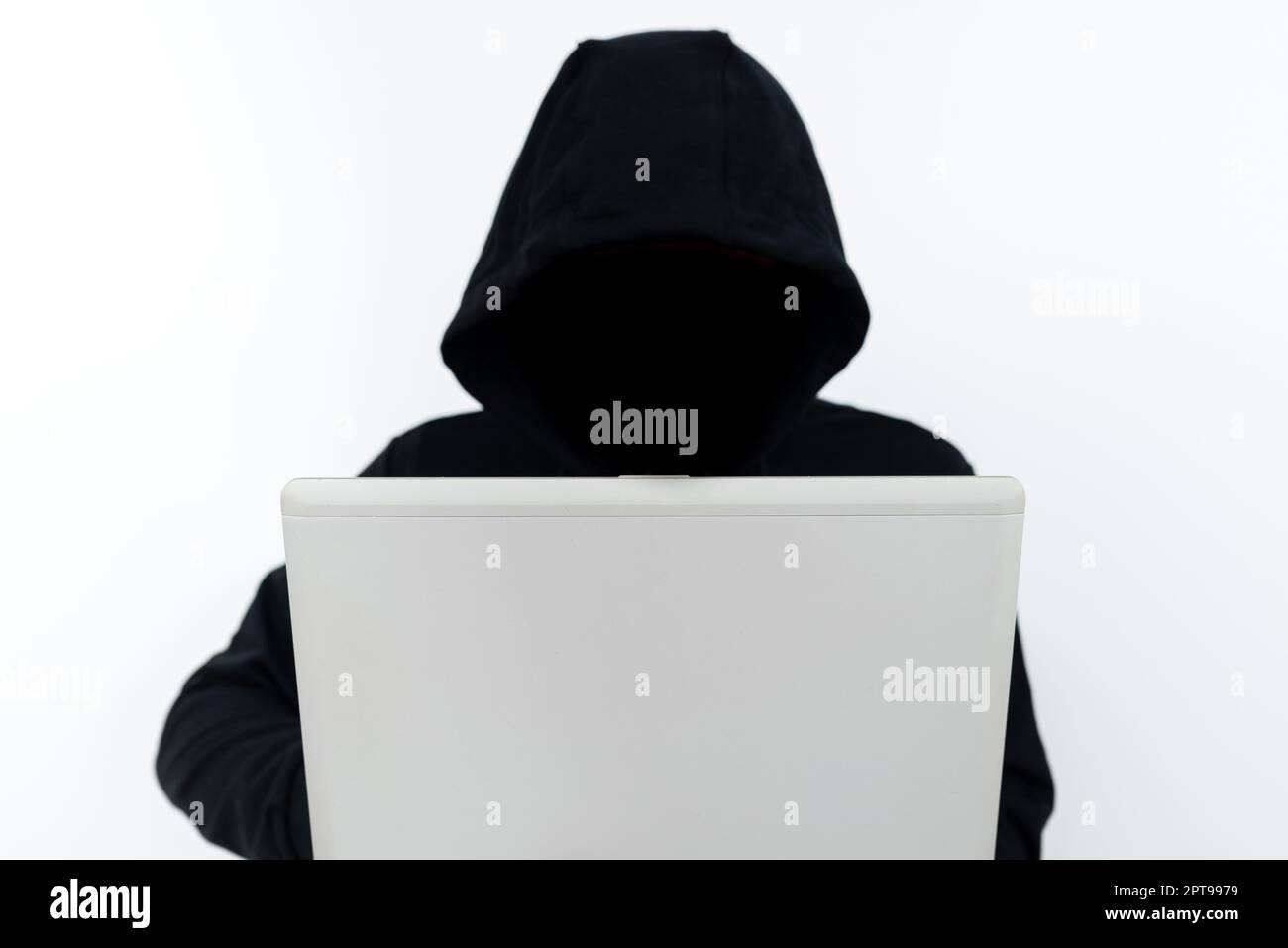 Man Standing With Laptop Presenting Cyber Security. Stock Photo