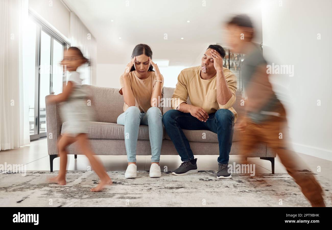 Headache, noise and stress with family in living room and parents