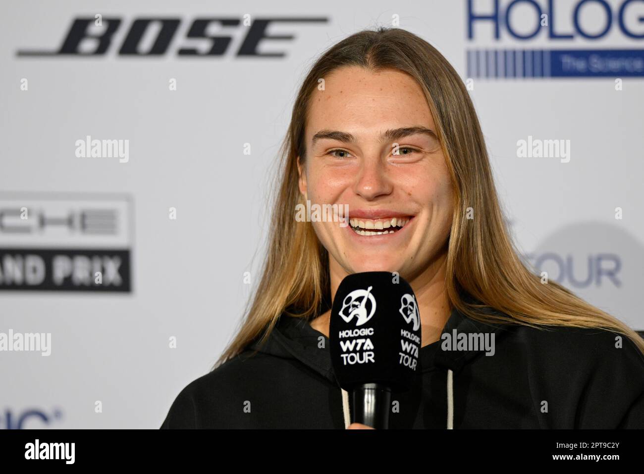 Aryna Sabalenka (BLR) interview, Logo, Porsche Tennis Grand Prix, Porsche Arena, Stuttgart, Baden-Wuerttemberg, Germany Stock Photo