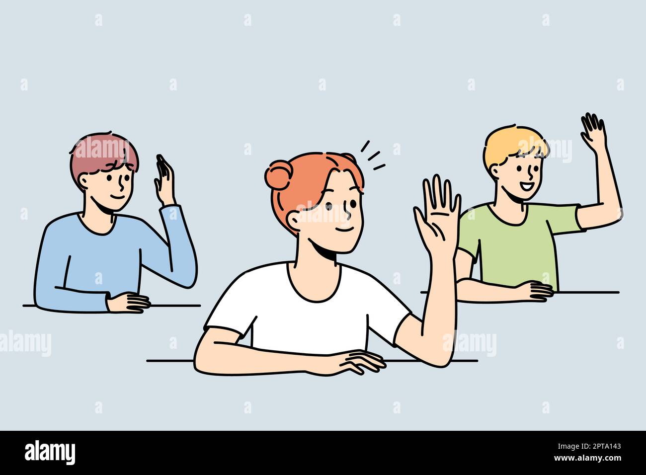 Smiling kids sit at desks at school raise hands asking or answering