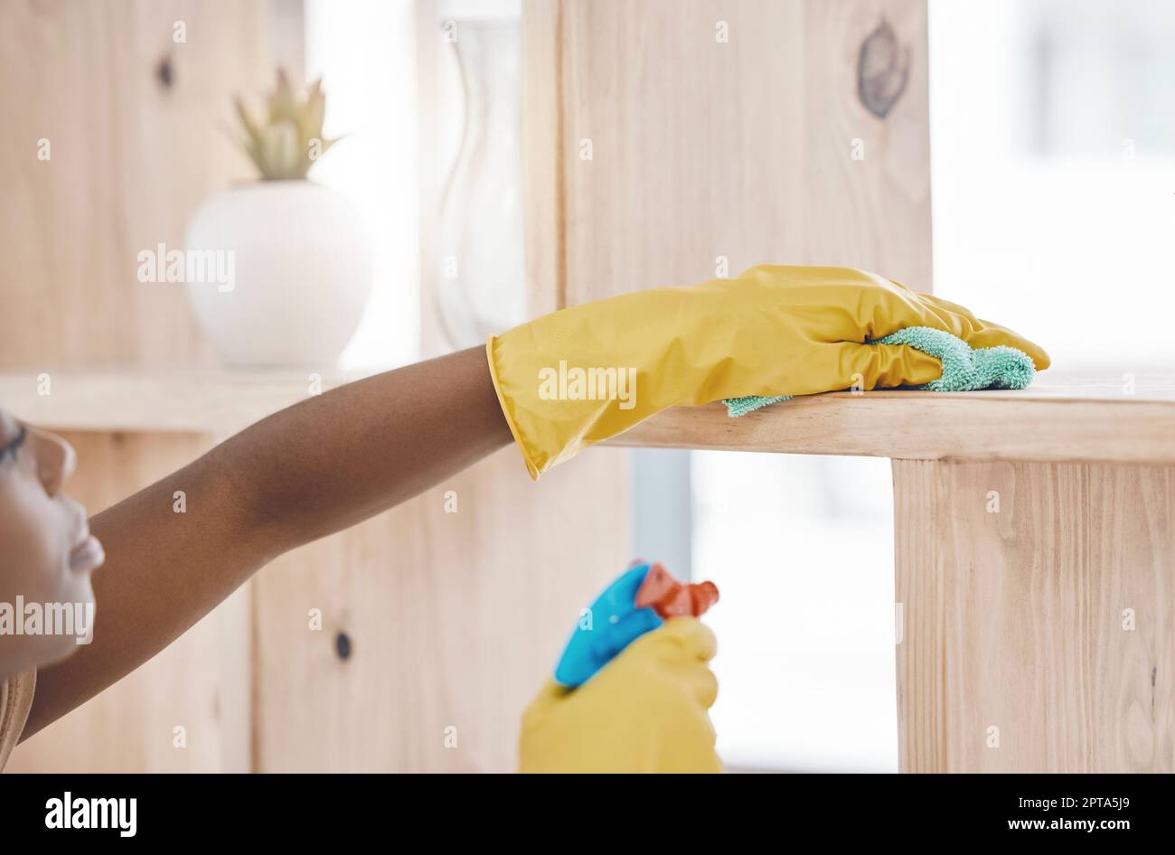 Woman cleaning and home wood dust detergent bottle for shelf furniture