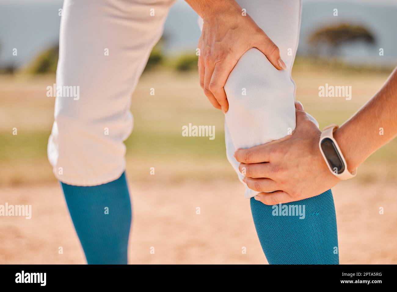 Sport, baseball and pain or injury for legs of athlete, player or