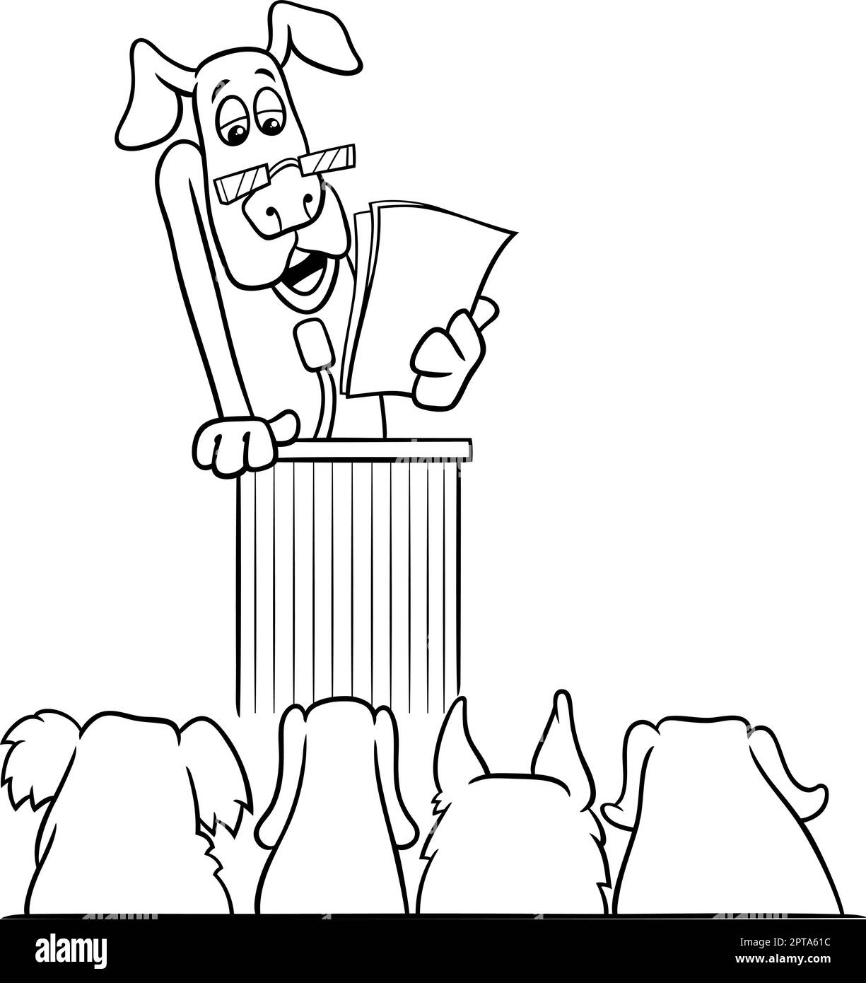 cartoon dog giving a speech coloring page Stock Vector
