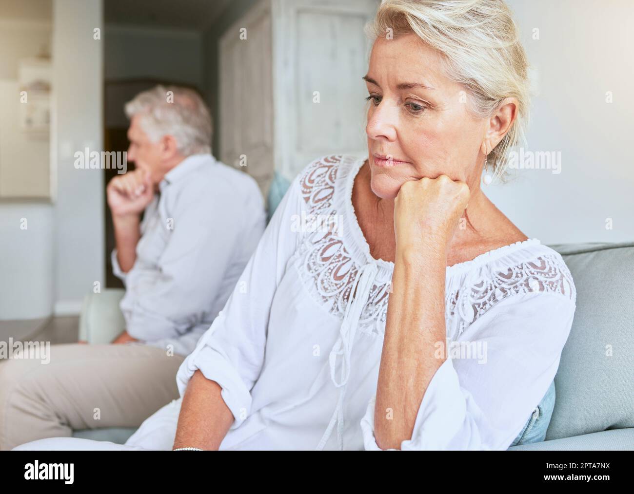 Retirement couple, ignore and fight for divorce with marriage cheating revelation shock. Elderly people in relationship conflict break up with infidel Stock Photo