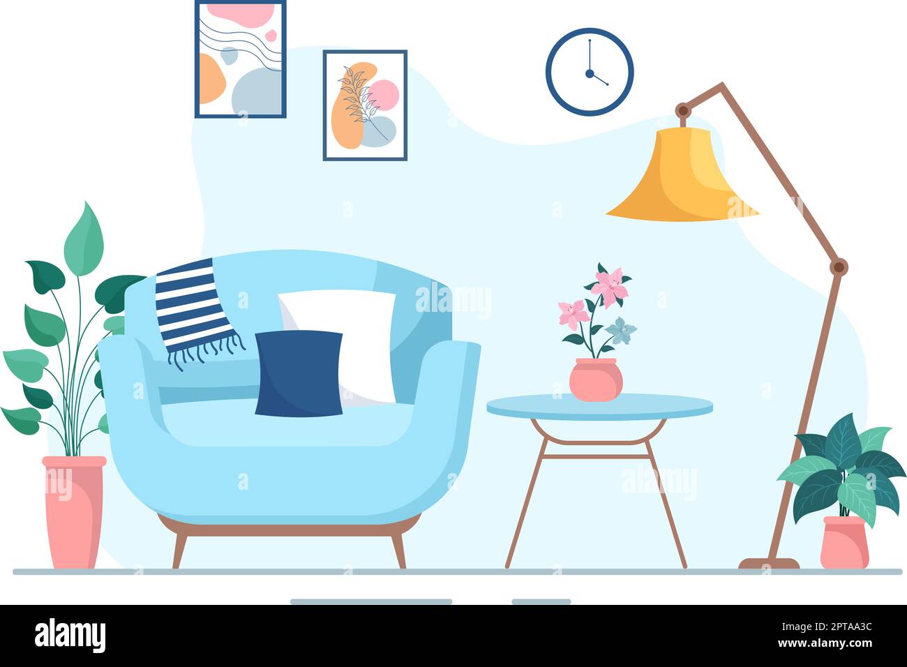 Home Decor Template Hand Drawn Cartoon Illustration The set of Furniture and Living Room Interior in Flat Style Design Stock Vector