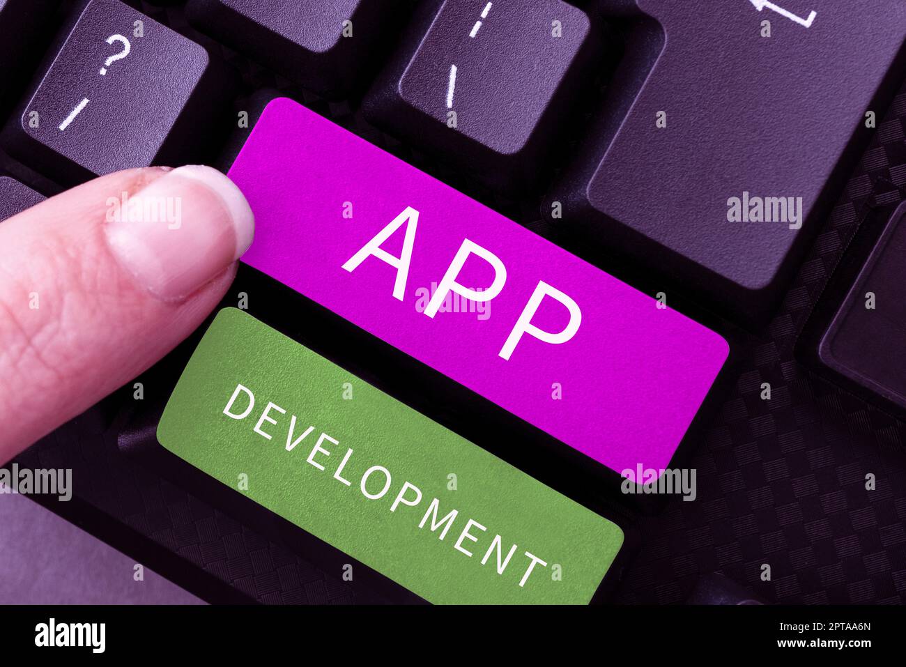 Conceptual display App Development, Word for producing computer software with a specialized purpose Stock Photo