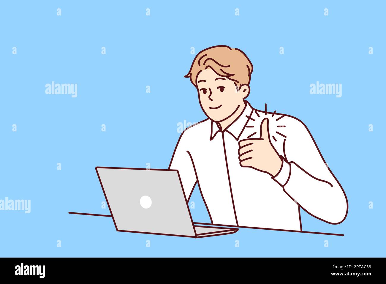 Smiling businessman work on laptop show thumb up Stock Vector