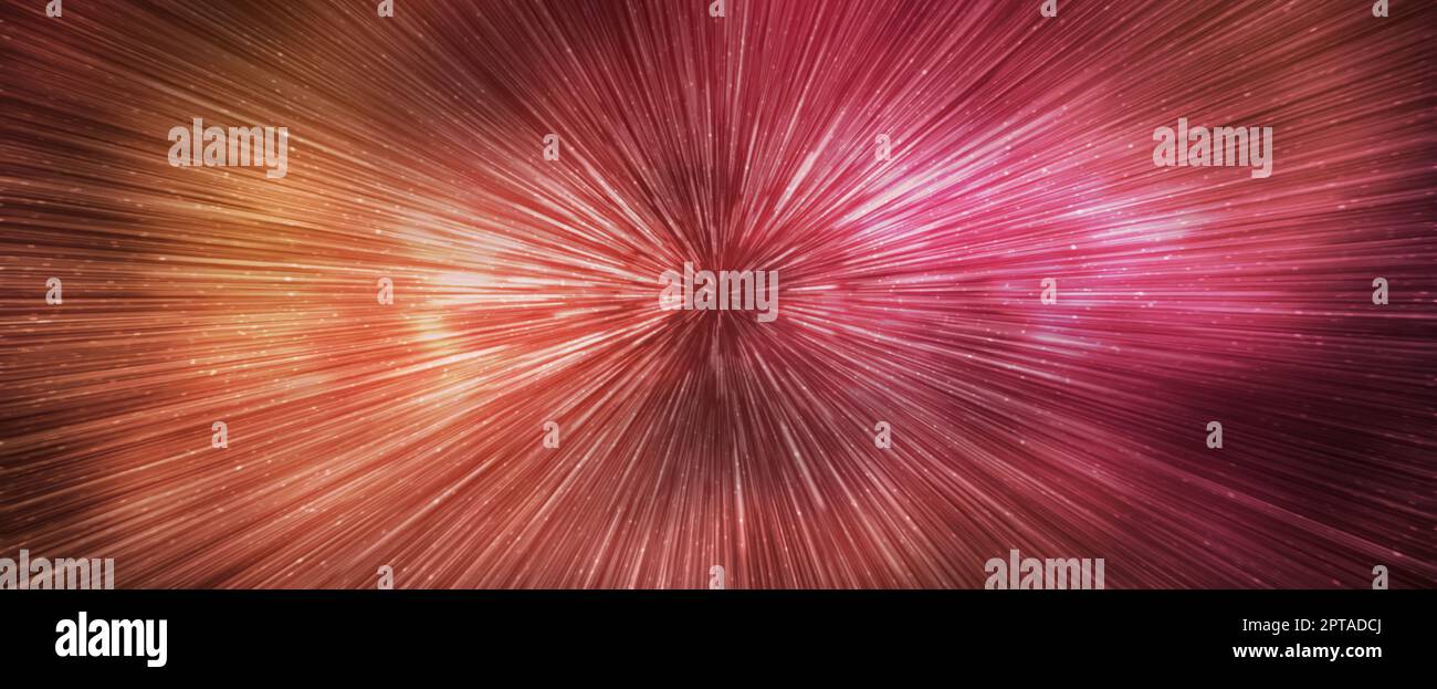Hyperspace speed effect in night starry sky. Bright red galaxy, horizontal banner. 3d illustration Stock Photo