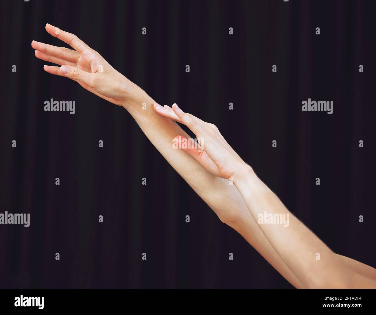 Woman, hands or ballet dance on black background in theatre, studio or