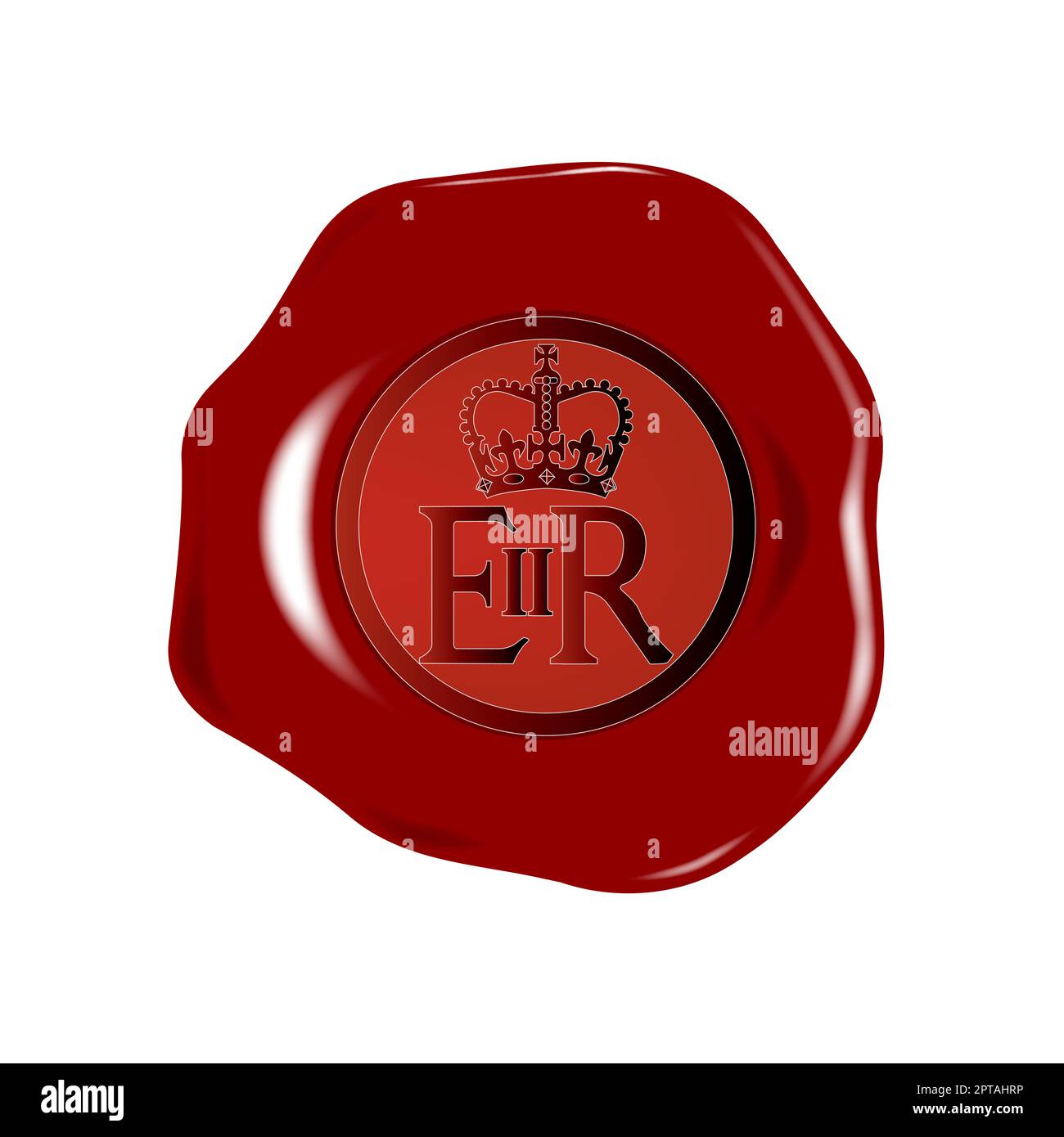 A royal wax stamp or seal in red set over a white background Stock