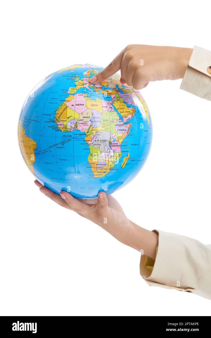World map globe hand pointing Cut Out Stock Images & Pictures - Alamy