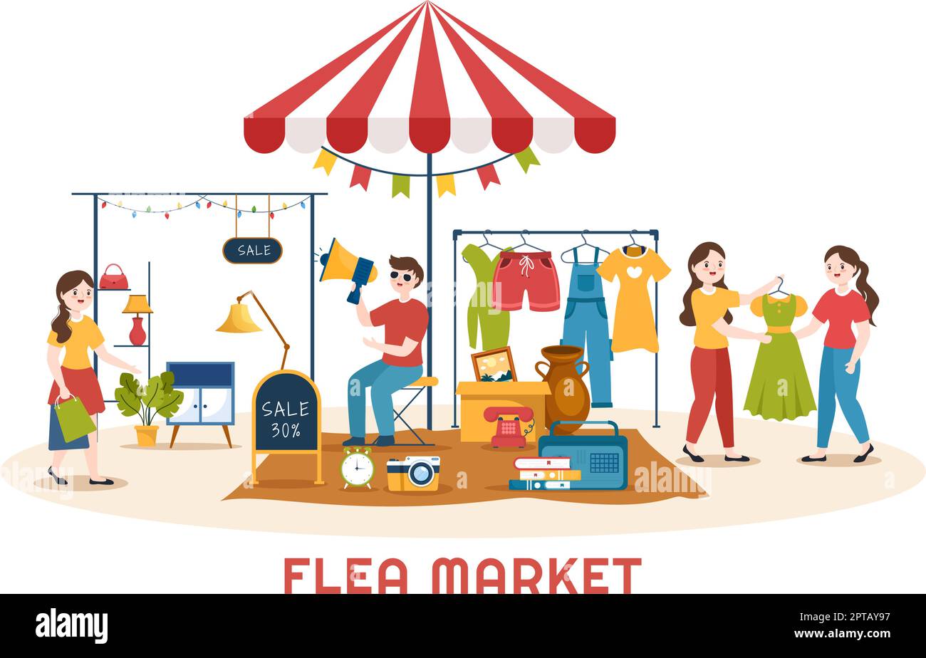 Flea Market Template Hand Drawn Cartoon Flat Illustration Second Hand ...