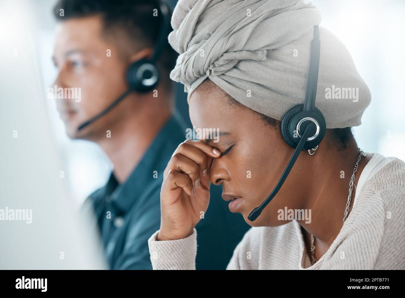 Burnout, call center and customer service consultant with headache 