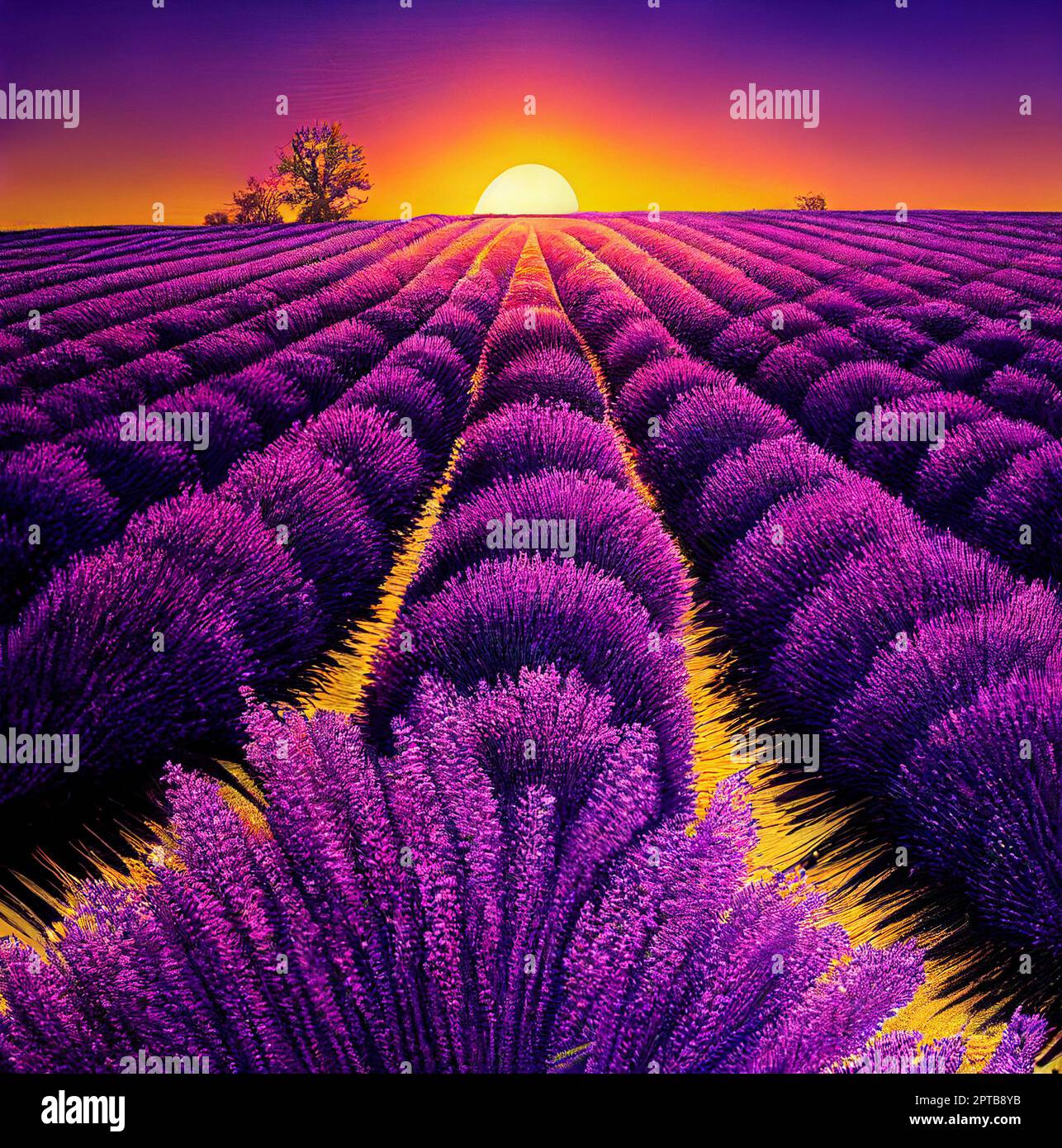 Illustration of a beautiful lavender field at late sunset Stock Photo ...