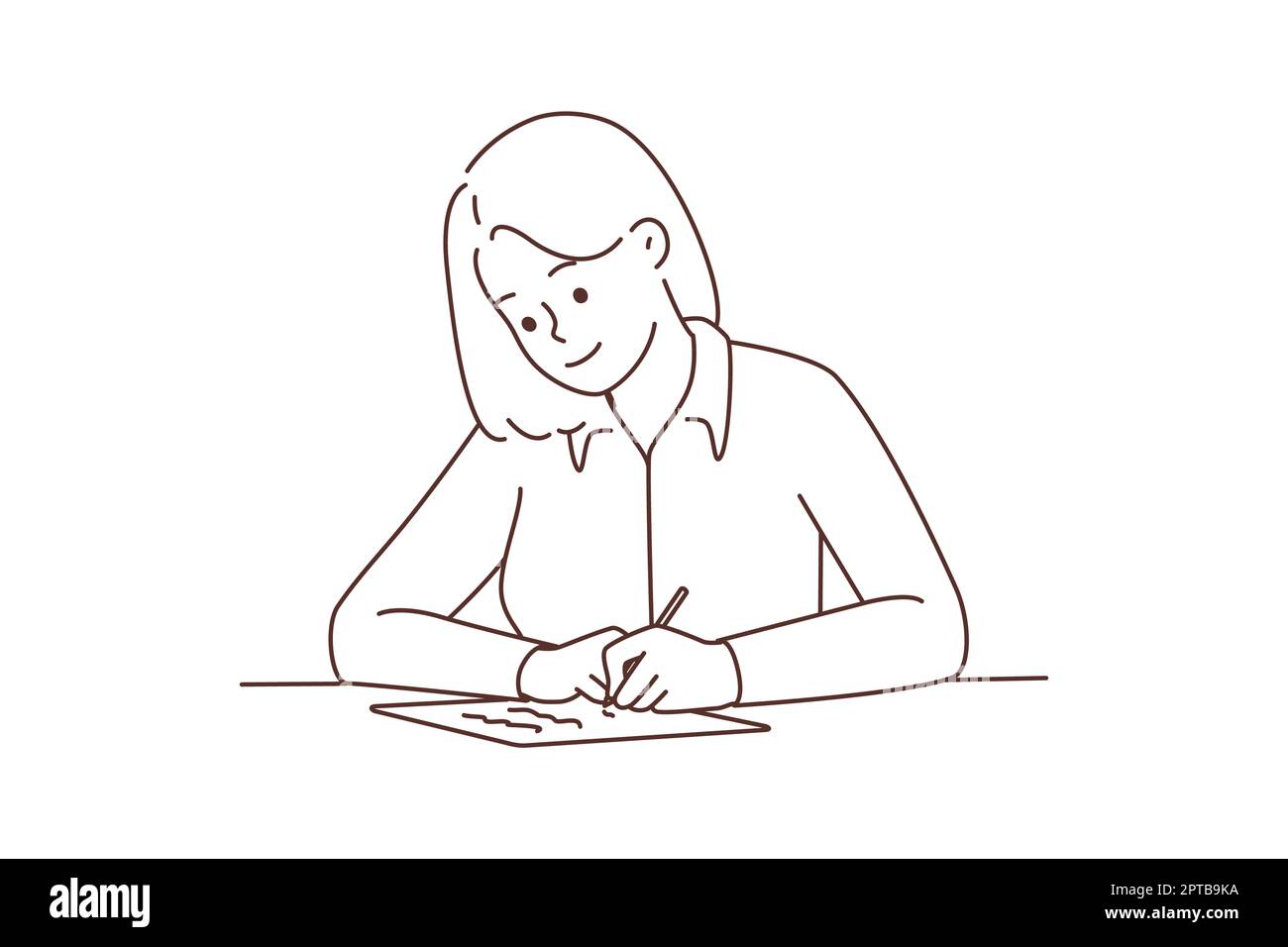 Smiling young woman sit at desk writing letter. Happy girl at table handwriting on paper making